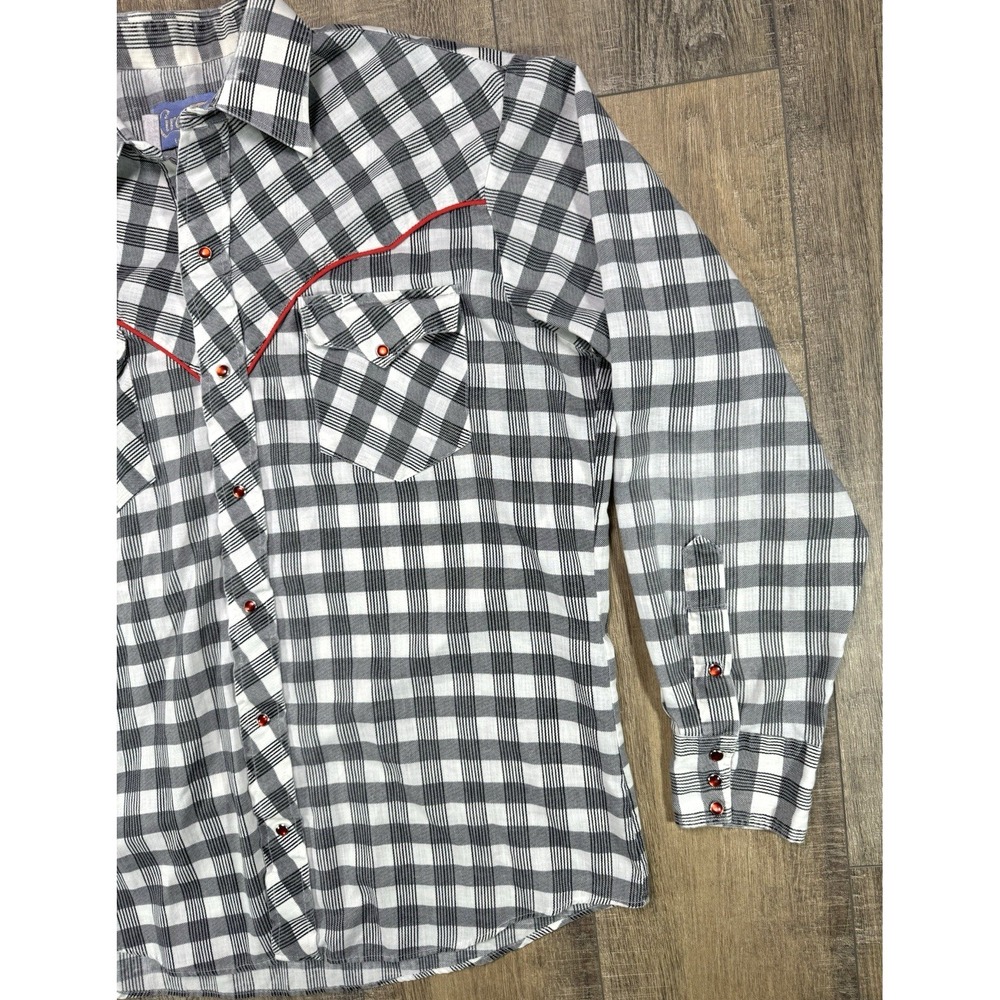 Vintage 1970s Circle T Red Piping Pearl Snap Plaid Western Shirt Mens L - Picture 5 of 12